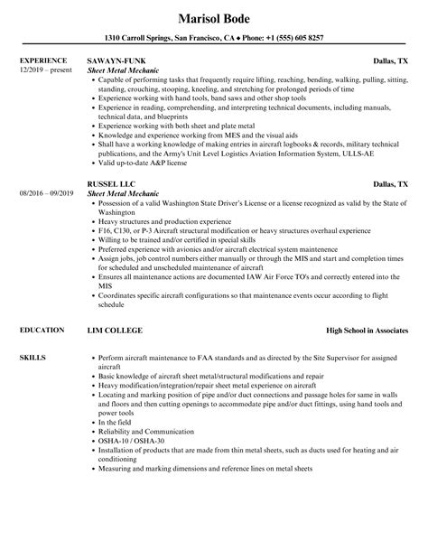 sheet metal mechanic resume|Sheet Metal Worker Resume: Example and How To Write.